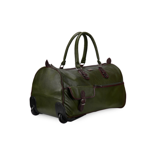 Wild Caribou Genuine Leather Trolley Duffel Bag – Premium Wheeled Travel Companion (Green, Black, Blue, Brown, Tan)