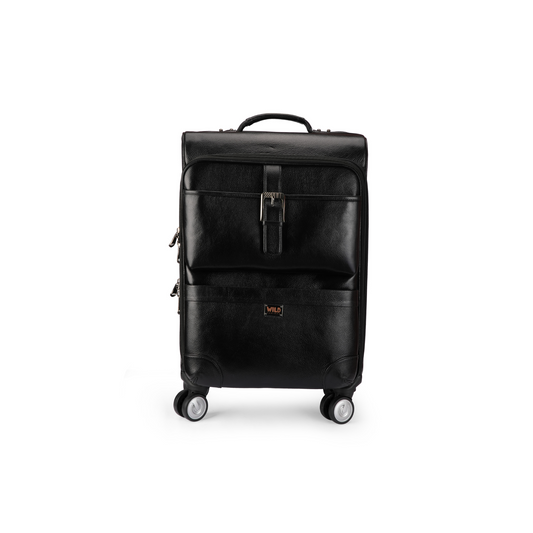 Wild Caribou Genuine Leather Trolley Suitcase – Stylish Unisex 18” Travel Luggage Bag (Black, Blue, Brown, Tan)